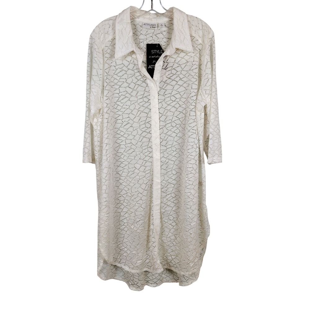 NWT Attitudes by Renee Womens 1X Lace Button Down Tunic White Geometric Boho